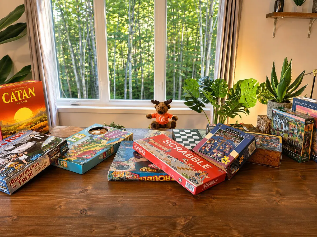 A table of board games and puzzles at Villa Foresta, with a small plush moose keeping watch